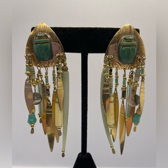 Vintage Jewelry - Vintage Signed Tabra Scarab Dentalium Gold Filled Dangle Earrings Pierced